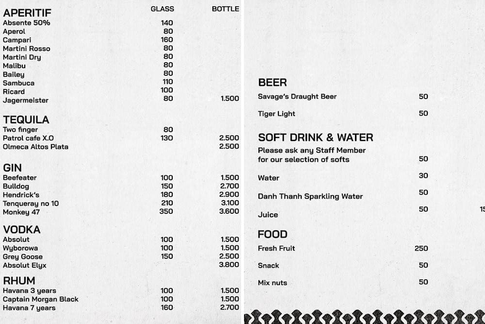 The drink menu offers a wide variety, from imported premium spirits to refreshing beverages and snacks (Source: Savage)